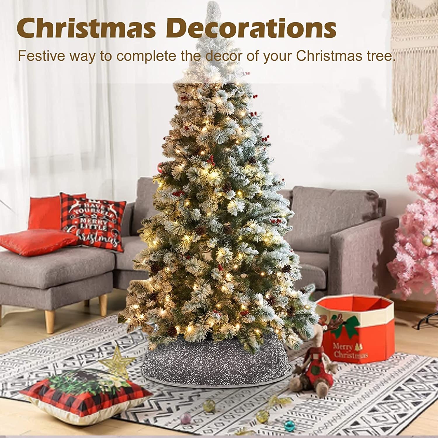 2022 Christmas Tree Skirt Gray ,Tree Collar for Chirstmas Box Base Plastic and Removable Tree Ring Decorations for Christmas Tree Ornaments Indoor Outdoor Home Holiday Decor Gift